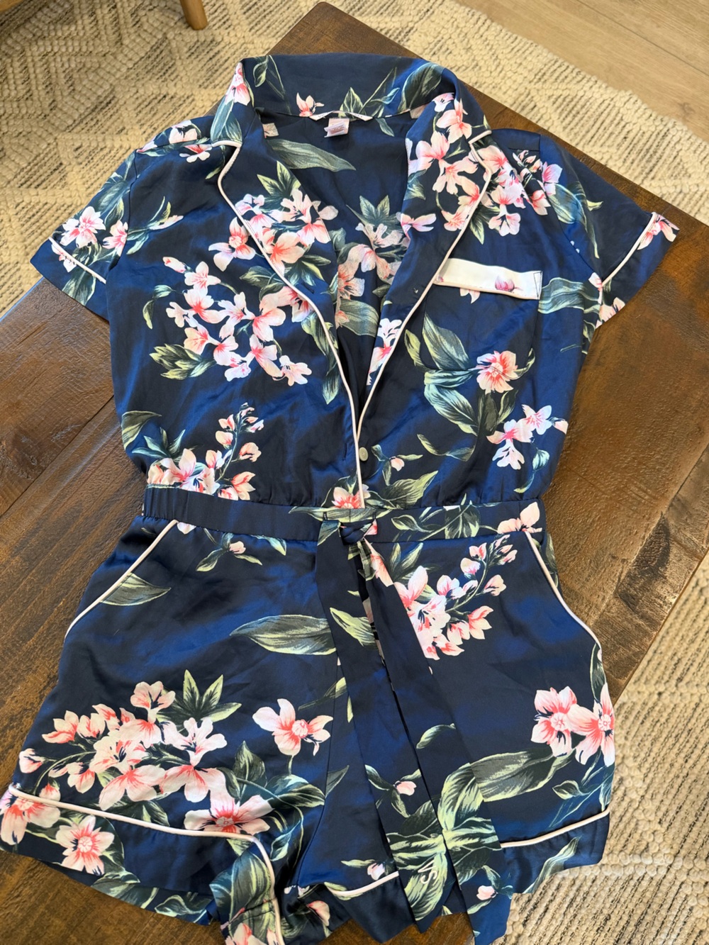 Victoria's Secret Navy Floral Blouse with Green Leaves and Pink Flowers